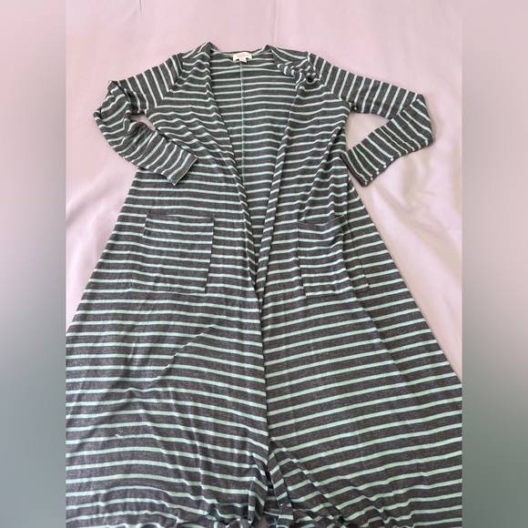 LuLaRoe Long Open‎ Duster Cardigan Sweater Women's Sz S Teal Green Gray Striped - Picture 5 of 9